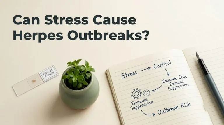 Scientific flat-lay image with microscope slide and plant representing the research on whether stress can cause herpes outbreaks