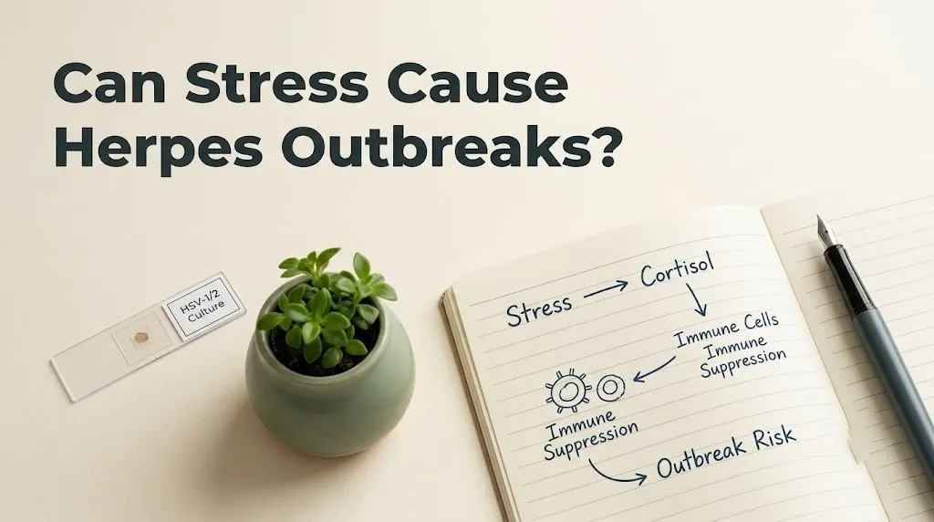 Scientific flat-lay image with microscope slide and plant representing the research on whether stress can cause herpes outbreaks