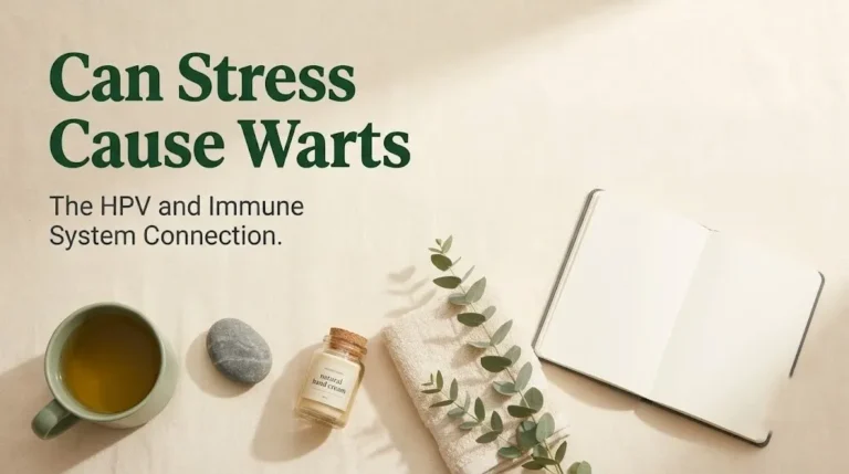 Skin wellness items with Can Stress Cause Warts headline, editorial banner for stress and warts explainer article.
