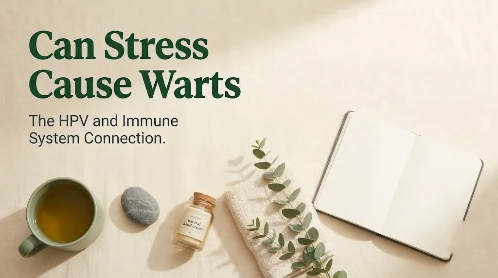 Skin wellness items with Can Stress Cause Warts headline, editorial banner for stress and warts explainer article.