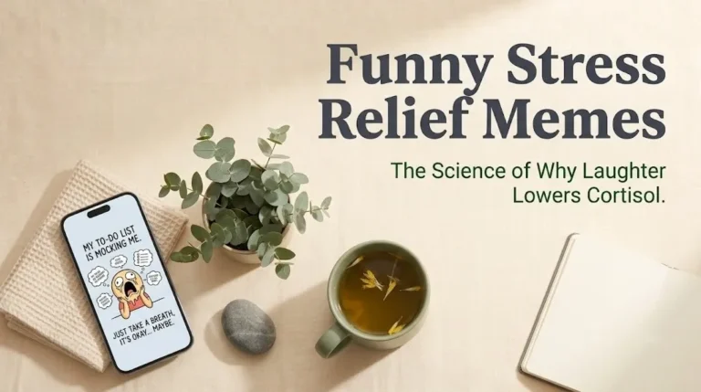 Smartphone displaying stress meme with Funny Stress Relief Memes and digital humor banner for stress science article.