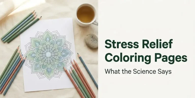Stress relief coloring pages flat-lay with colored pencils, mandala design, and herbal tea on a cream surface.