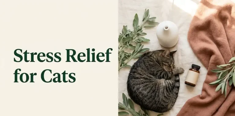 Stress relief for cats guide featuring calming diffuser, botanical sprigs, and a resting tabby cat on a linen surface.