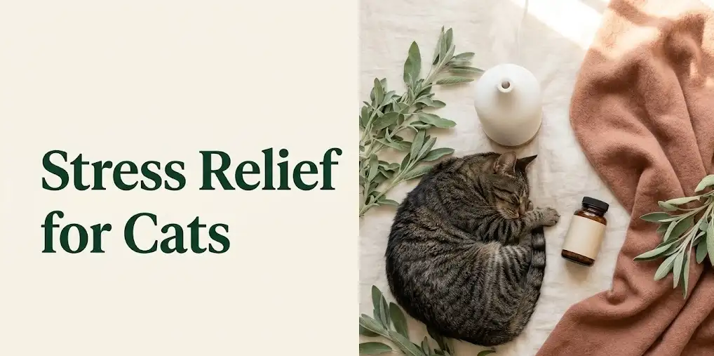 Stress relief for cats guide featuring calming diffuser, botanical sprigs, and a resting tabby cat on a linen surface.