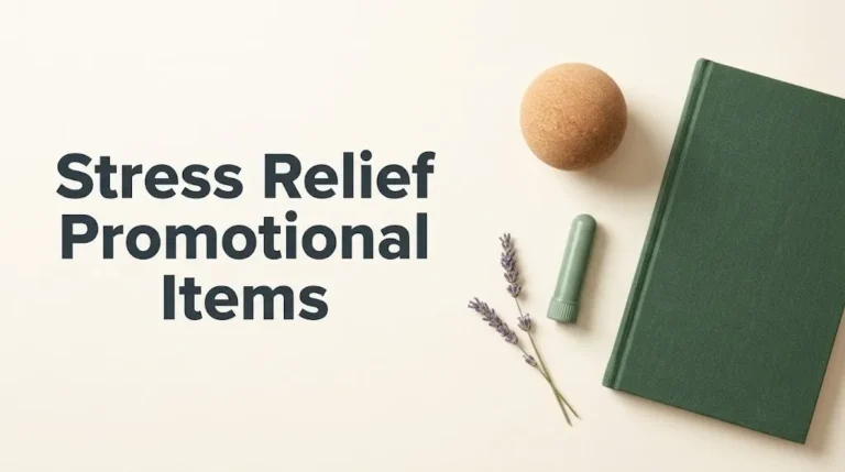 Stress relief promotional items article hero banner with headline text and calming with cork stress ball and aromatherapy.