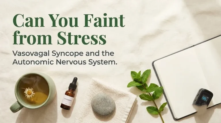 Wellness items with pulse oximeter displaying Can You Faint from Stress banner for stress syncope explainer article.