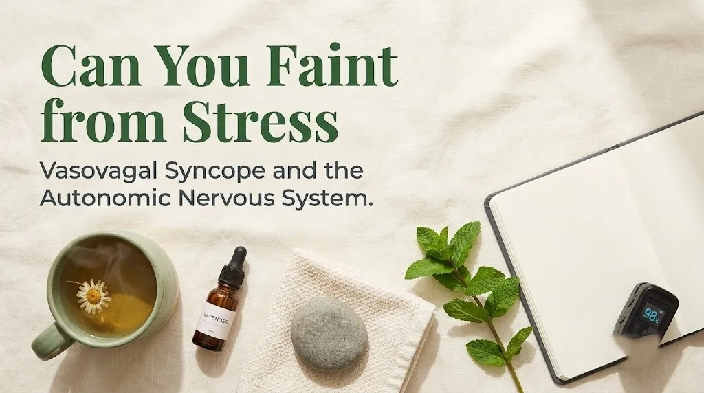Wellness items with pulse oximeter displaying Can You Faint from Stress banner for stress syncope explainer article.