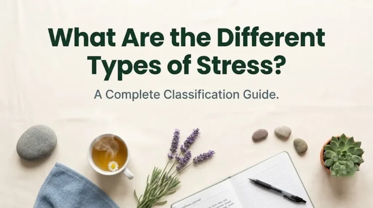 What are the different types of stress hero image with chamomile tea, lavender, and succulent on cream linen with forest green typography.