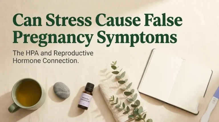Women's wellness items with Can Stress Cause False Pregnancy Symptoms banner for stress and reproductive health article.