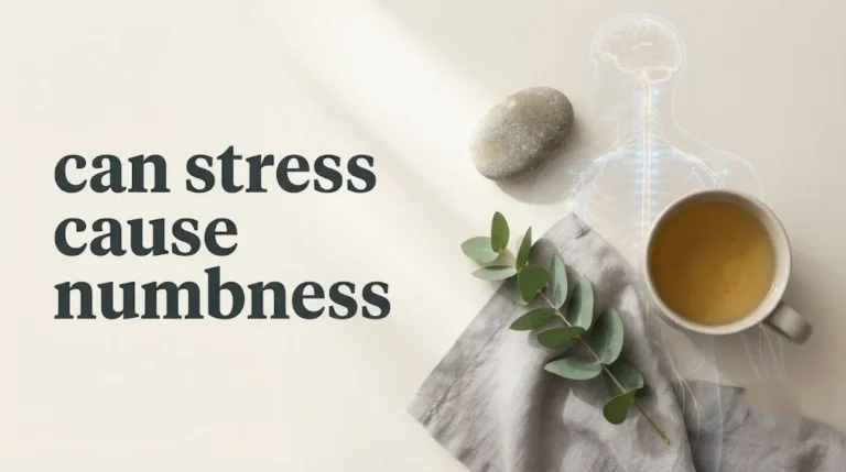 A calming flat-lay with an anatomical nervous system overlay explains stress-induced paresthesia in a 2026 health guide.