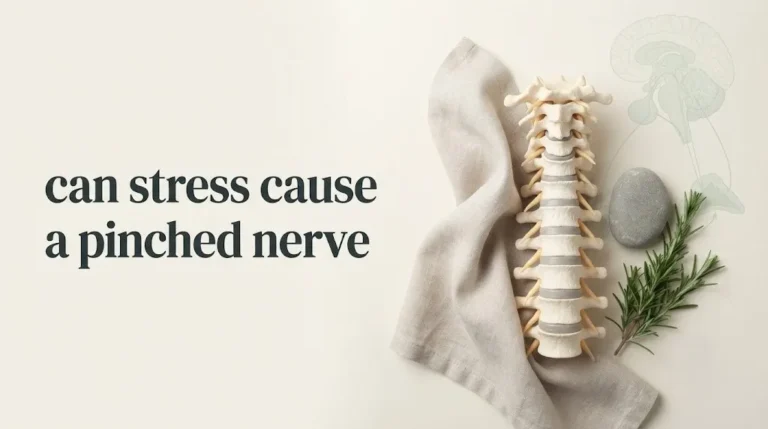 A clinical flat-lay with an anatomical spine model and HPA axis overlay explains the 2026 science of stress and nerve pain.