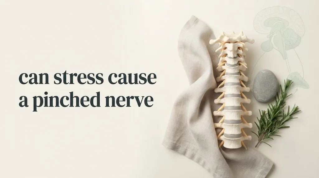 A clinical flat-lay with an anatomical spine model and HPA axis overlay explains the 2026 science of stress and nerve pain.