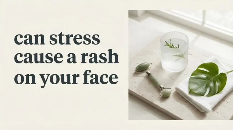 A stress rash on a woman's face is soothed by a cold jade roller, explaining how stress can cause a rash on your face.