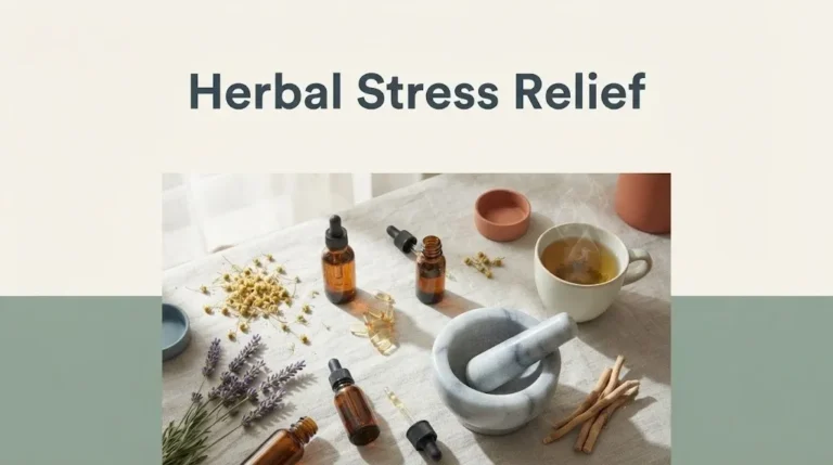 Amber supplement bottles, chamomile, lavender, mortar with pestle, and herbal tea on linen with article title Herbal Stress Relief.