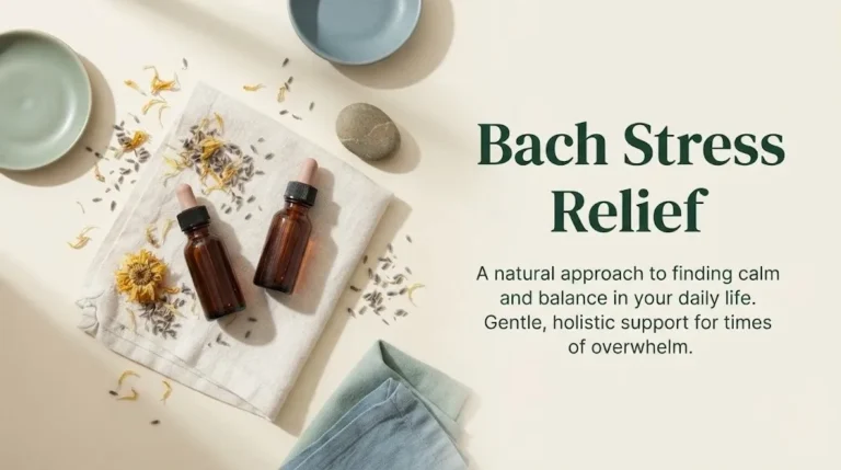  Bach stress relief drops and dried flowers styled beside bold Bach Stress Relief headline text