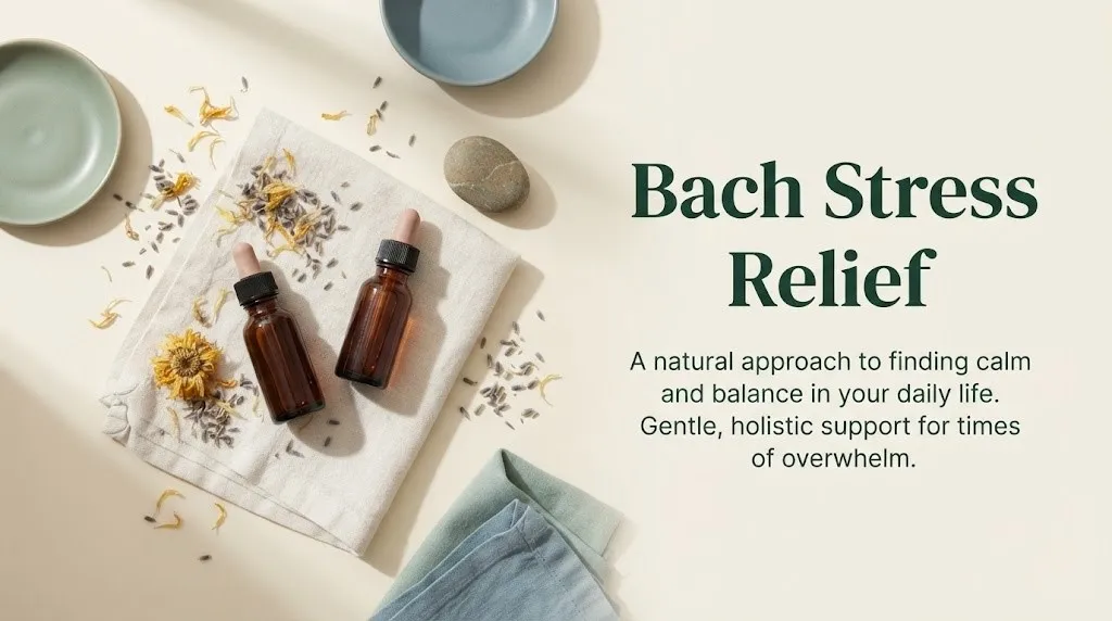  Bach stress relief drops and dried flowers styled beside bold Bach Stress Relief headline text