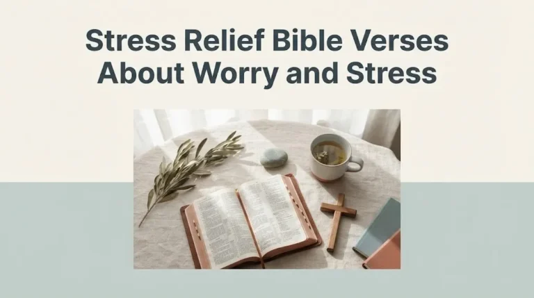 Bible, wooden cross, olive branch, and tea on linen with article title Stress Relief Bible Verses About Worry and Stress.