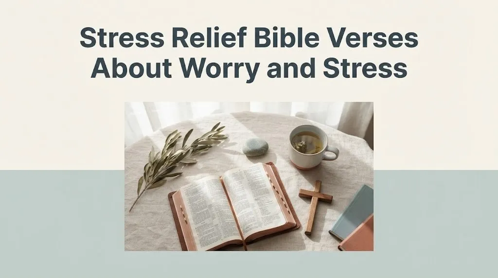 Bible, wooden cross, olive branch, and tea on linen with article title Stress Relief Bible Verses About Worry and Stress.