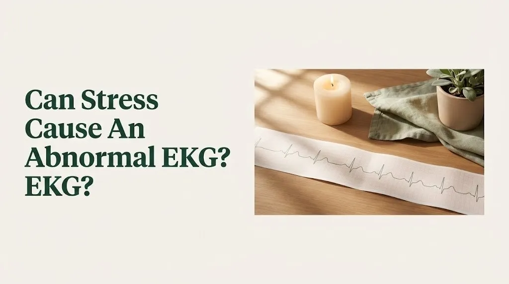 Calm flat-lay illustrating whether stress can cause an abnormal EKG, with waveform and candle.