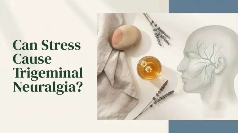 Calming wellness banner illustrating can stress cause trigeminal neuralgia with facial nerve diagram