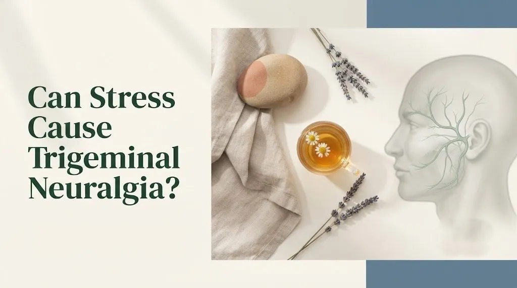 Calming wellness banner illustrating can stress cause trigeminal neuralgia with facial nerve diagram