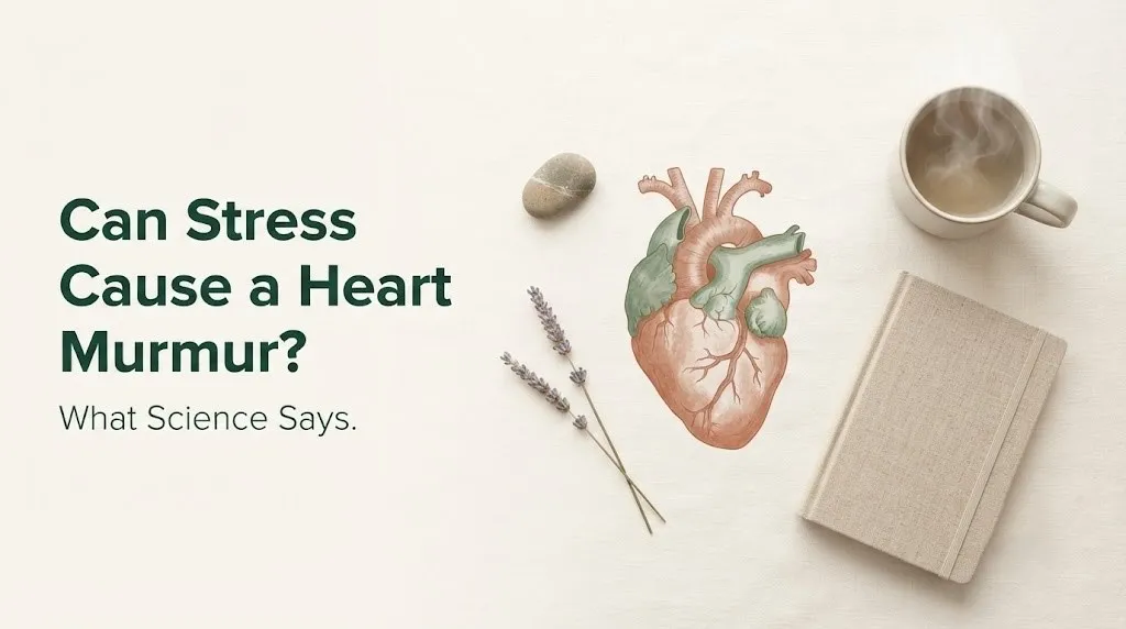 Can Stress Cause a Heart Murmur editorial wellness flat-lay with heart illustration and calming objects on off-white background.