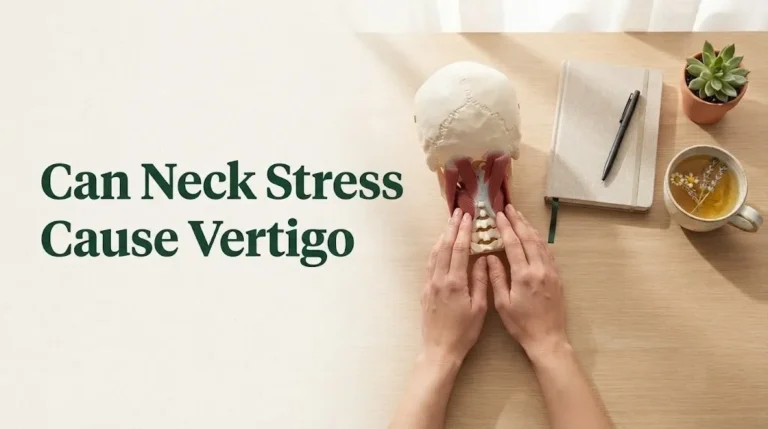 Can neck stress cause vertigo article hero image showing suboccipital neck anatomy with calming desk setup and stress management.