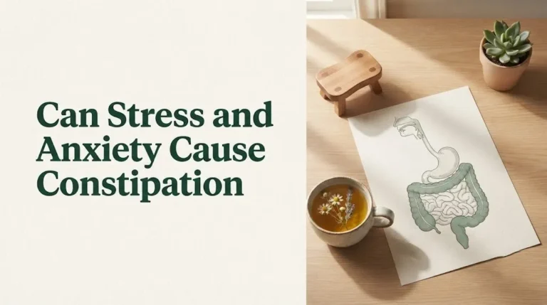 Can stress and anxiety cause constipation article hero image with digestive system diagram, and calming tea on light wood surface.
