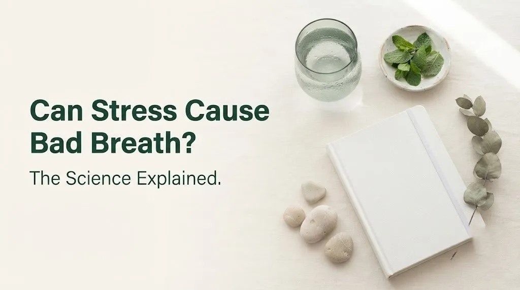 Can stress cause bad breath editorial wellness flat-lay with water glass, mint leaves, and journal on off-white background.