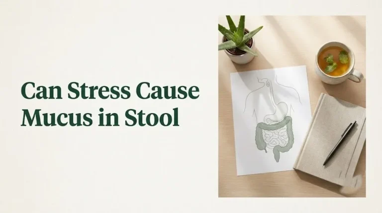 Can stress cause mucus in stool article hero image with digestive system anatomy diagram and desk setup on light wood surface.
