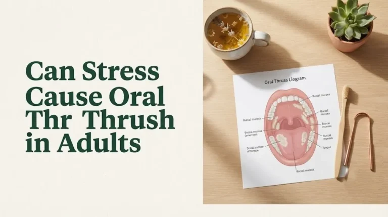 Can stress cause oral thrush in adults article hero image with oral anatomy diagram, tongue cleaner, and herbal tea.