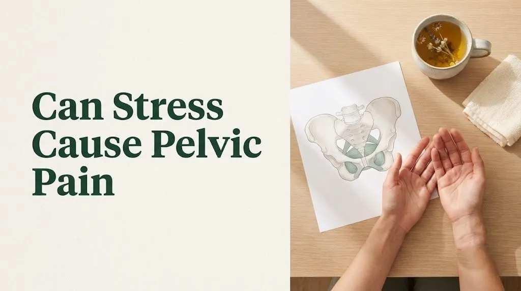 Can stress cause pelvic pain article hero image with pelvic floor anatomy diagram, relaxing hands, and herbal tea.