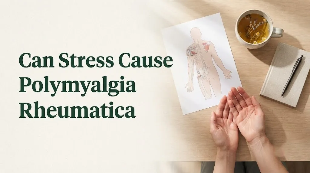Can stress cause polymyalgia rheumatica article hero image with shoulder and hip anatomy diagram, herbal tea, and journal.
