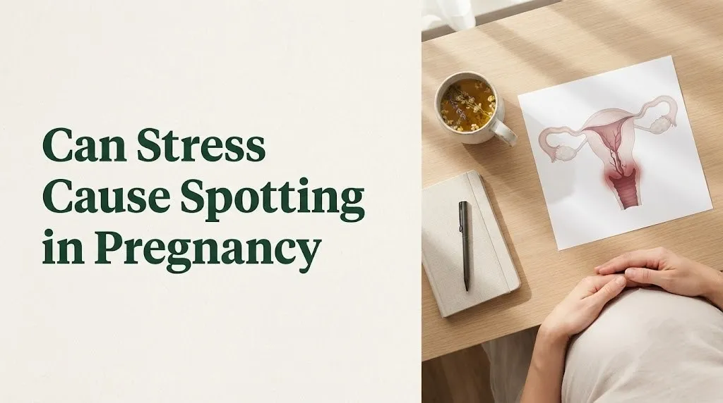 Can stress cause spotting in pregnancy article hero image with pregnant hands on belly, and calming tea on light wood surface.