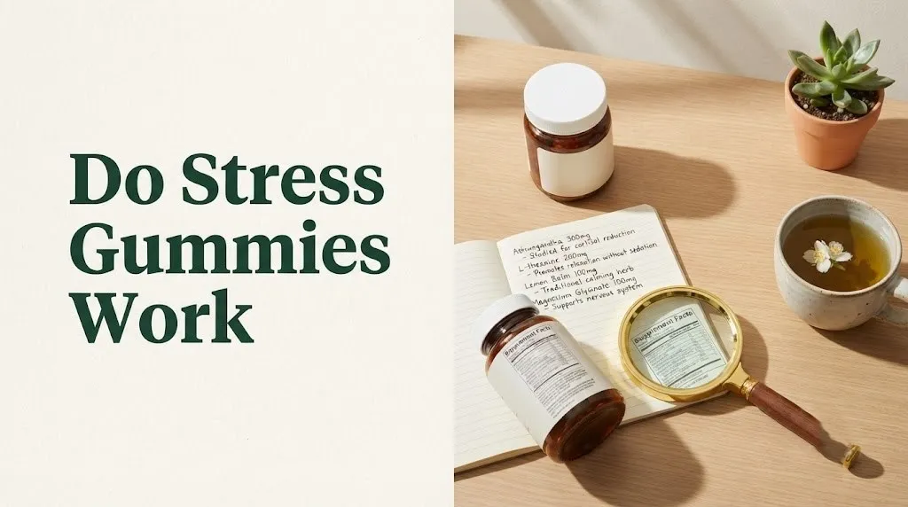 Do stress gummies work article hero image with supplement jar, label-reading magnifying glass, ingredient notes, and green tea.