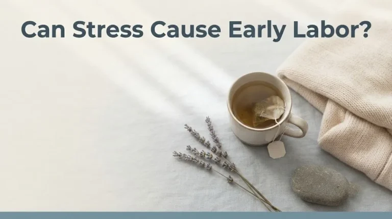 Editorial banner asking Can Stress Cause Early Labor with calming pregnancy-safe wellness objects and dusty blue tones.