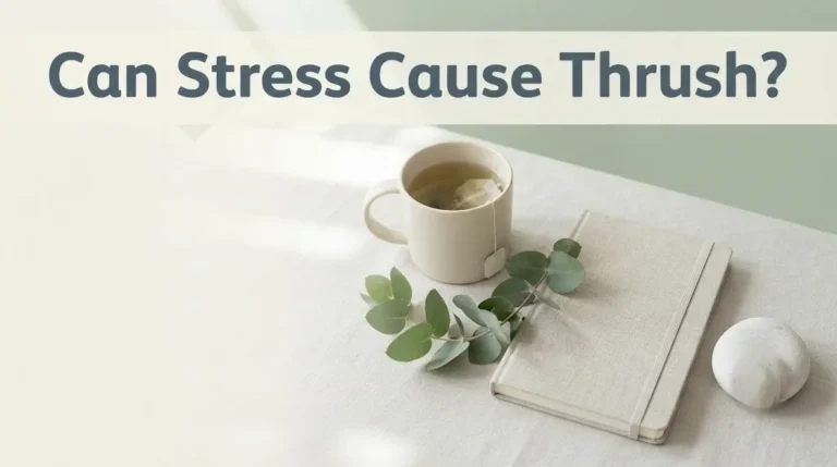 Editorial banner asking Can Stress Cause Thrush with calming wellness objects, soft cream tones, and natural lighting.
