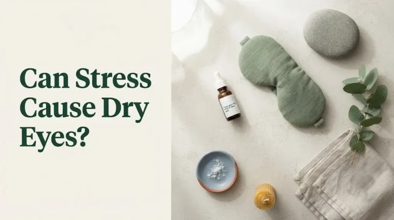 Editorial banner asking Can stress cause dry eyes with calming eye-care items styled flat-lay