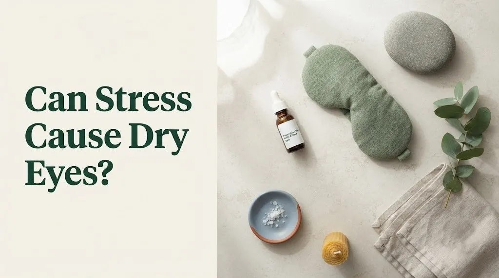 Editorial banner asking Can stress cause dry eyes with calming eye-care items styled flat-lay