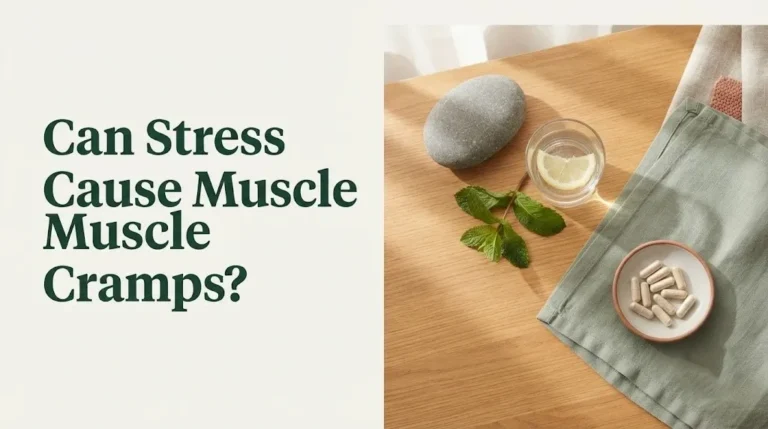 Editorial banner asking can stress cause muscle cramps beside calming wellness flat-lay with water and magnesium