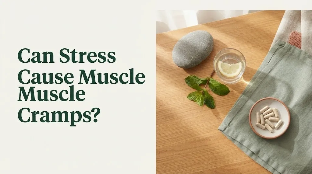 Editorial banner asking can stress cause muscle cramps beside calming wellness flat-lay with water and magnesium