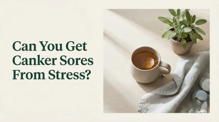 Editorial banner asking can you get canker sores from stress with calming flat-lay wellness scene