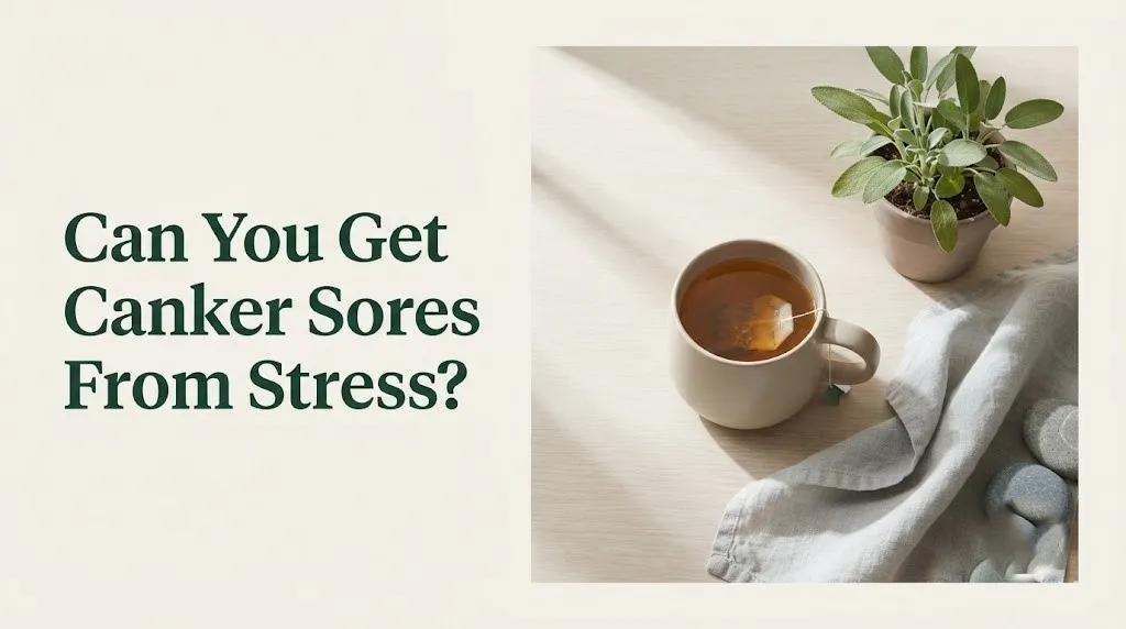 Editorial banner asking can you get canker sores from stress with calming flat-lay wellness scene