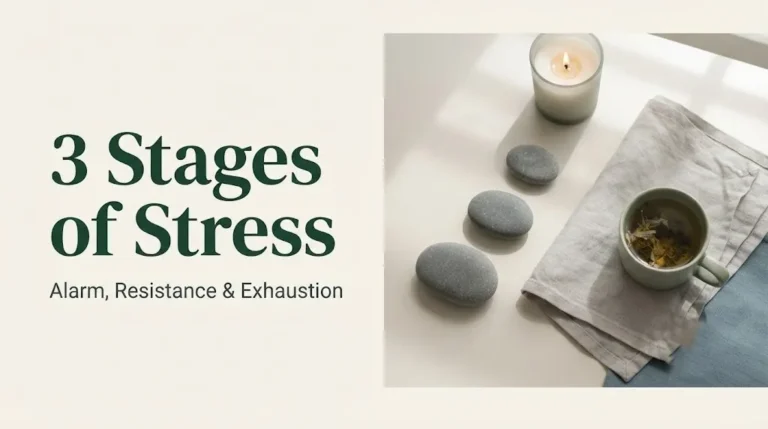 Editorial banner illustrating the 3 stages of stress alarm, resistance, and exhaustion.