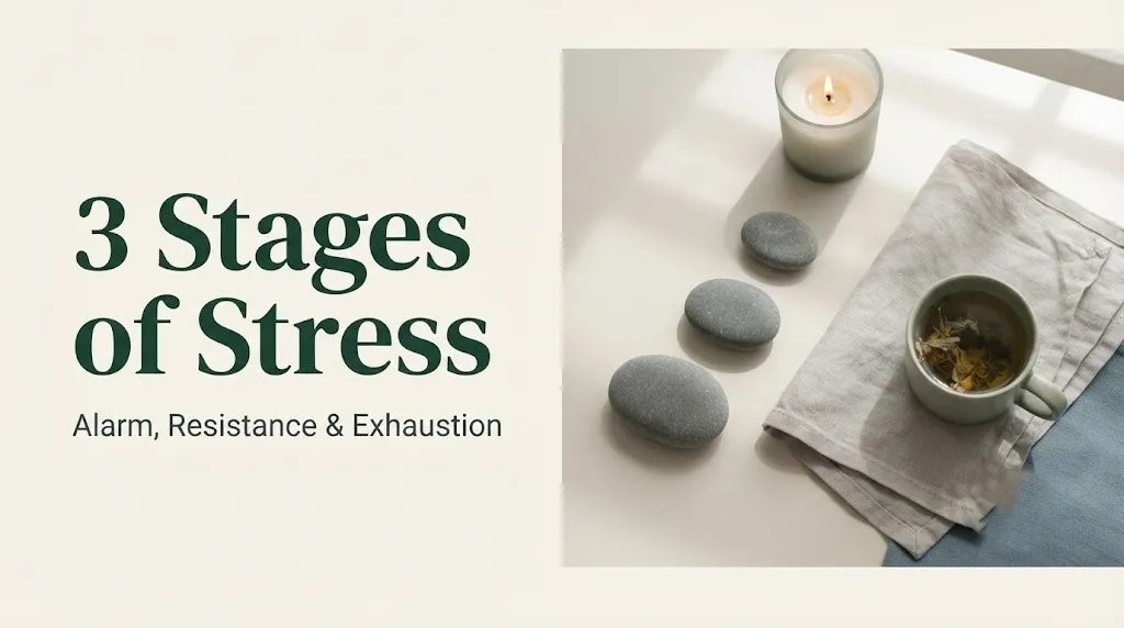 Editorial banner illustrating the 3 stages of stress alarm, resistance, and exhaustion.