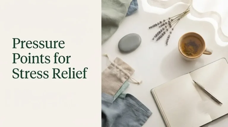 Flat-lay wellness scene illustrating pressure points for stress relief with calming herbal objects and text overlay.