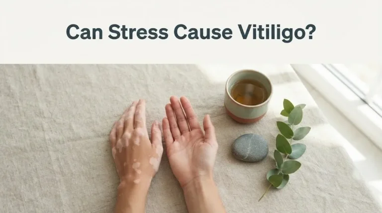 Hands resting on linen with visible vitiligo patches alongside tea and eucalyptus, with article title text Can Stress Cause Vitiligo.