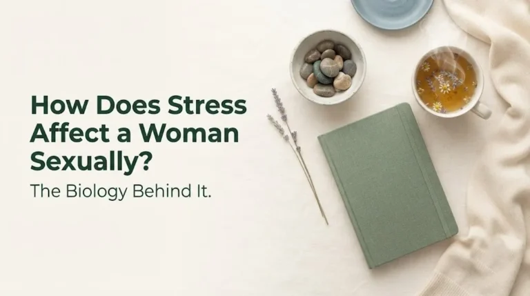 How does stress affect a woman sexually editorial wellness flat-lay with journal, stones, and herbal tea on cream background.