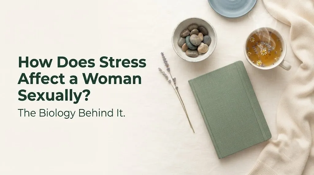 How does stress affect a woman sexually editorial wellness flat-lay with journal, stones, and herbal tea on cream background.