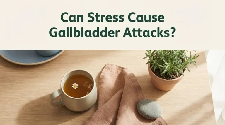 Image with headline Can Stress Cause Gallbladder Attacks showing chamomile tea and stone on oak surface.